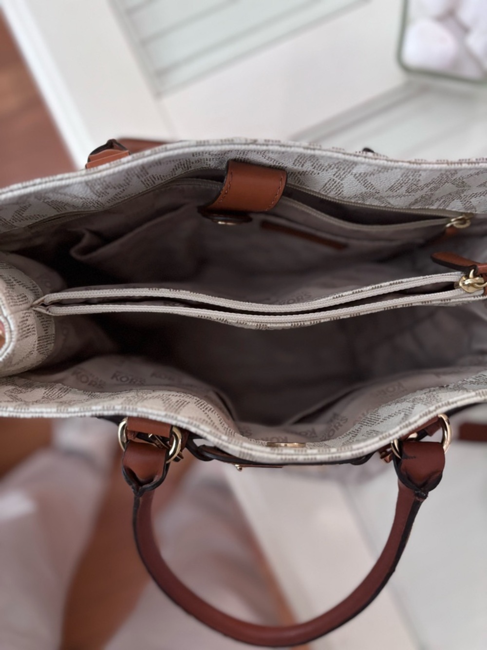 Michael Kors Beige MK Logo Tote with Brown Leather Handles - Picture 5 of 9